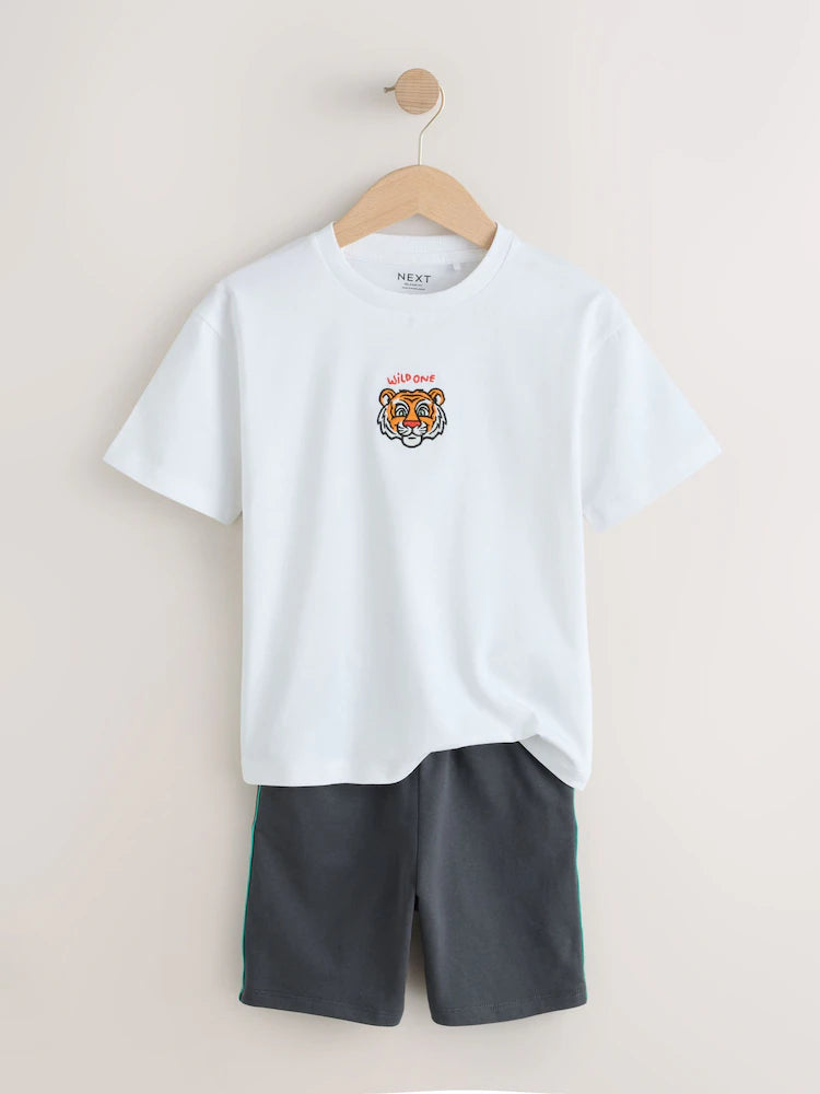 |Boy| Conjunto De Camiseta De Manga Curta e Shorts Com Estampa De Tigre Branco (3 meses a 7 anos)