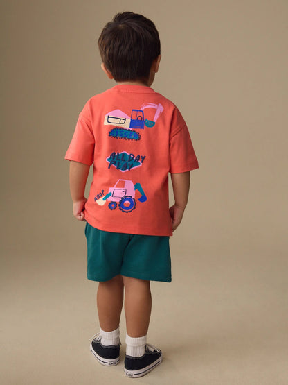 |Boy| Conjunto De Camiseta De Manga Curta e Shorts Com Estampa De Escavadora Rosa Coral (3 meses a 7 anos)