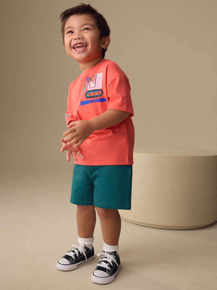 |Boy| Conjunto De Camiseta De Manga Curta e Shorts Com Estampa De Escavadora Rosa Coral (3 meses a 7 anos)
