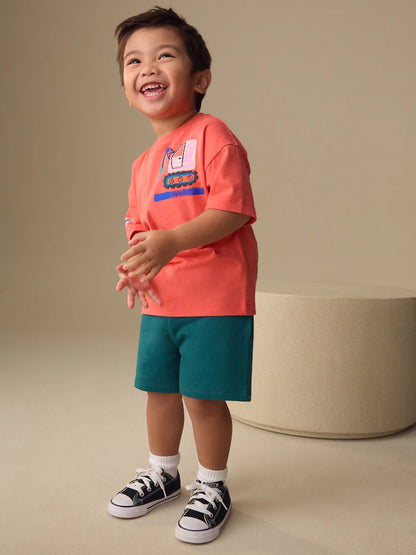 |Boy| Conjunto De Camiseta De Manga Curta e Shorts Com Estampa De Escavadora Rosa Coral (3 meses a 7 anos)