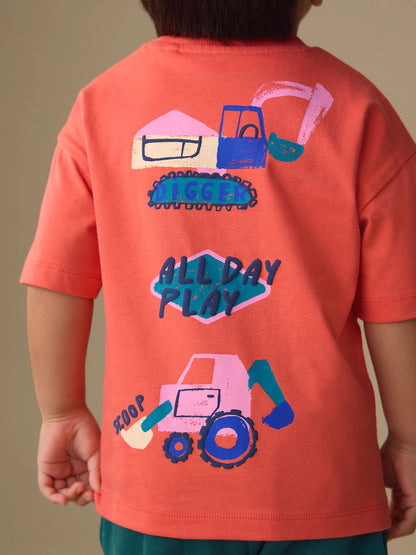|Boy| Conjunto De Camiseta De Manga Curta e Shorts Com Estampa De Escavadora Rosa Coral (3 meses a 7 anos)