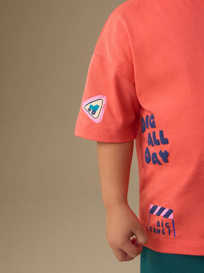 |Boy| Conjunto De Camiseta De Manga Curta e Shorts Com Estampa De Escavadora Rosa Coral (3 meses a 7 anos)