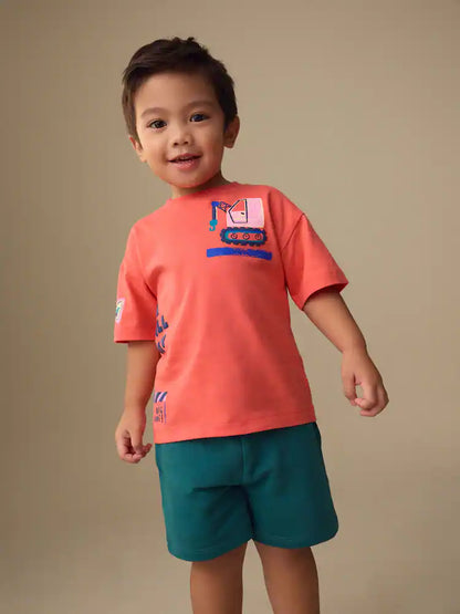 |Boy| Conjunto De Camiseta De Manga Curta e Shorts Com Estampa De Escavadora Rosa Coral (3 meses a 7 anos)