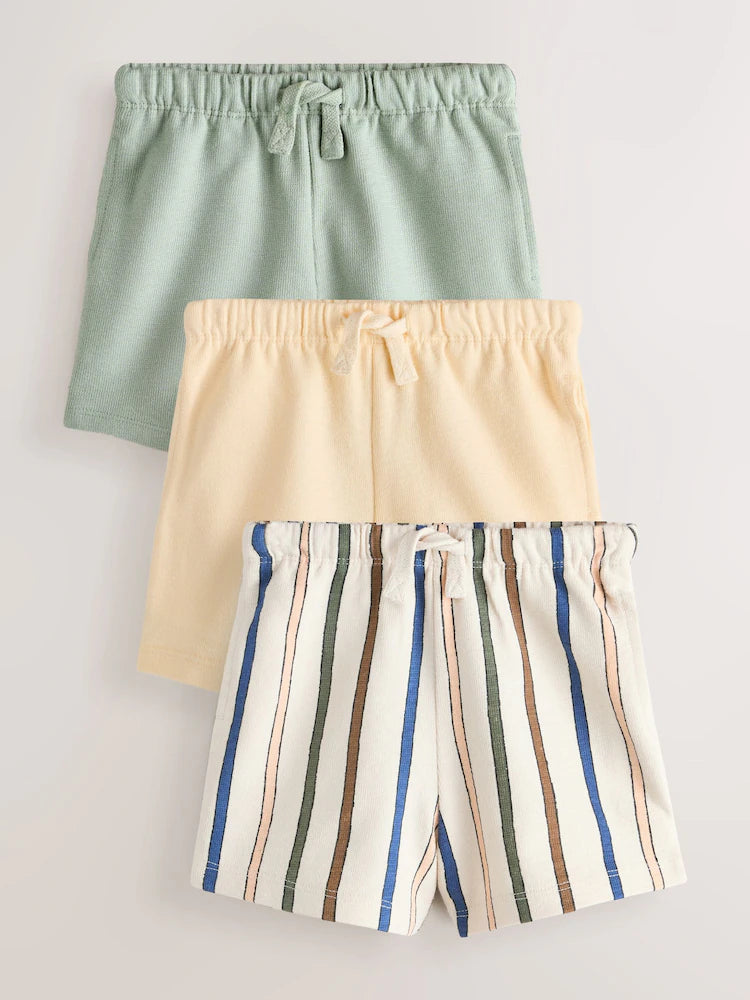 |Boy| Kit com 3 Shorts Texturizados com Listras em Verde-Sálvia, Amarelo-Suave e Tons Pastel (3 meses a 7 anos)