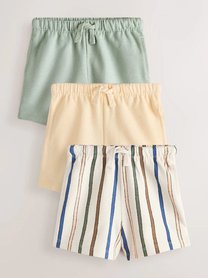 |Boy| Kit com 3 Shorts Texturizados com Listras em Verde-Sálvia, Amarelo-Suave e Tons Pastel (3 meses a 7 anos)