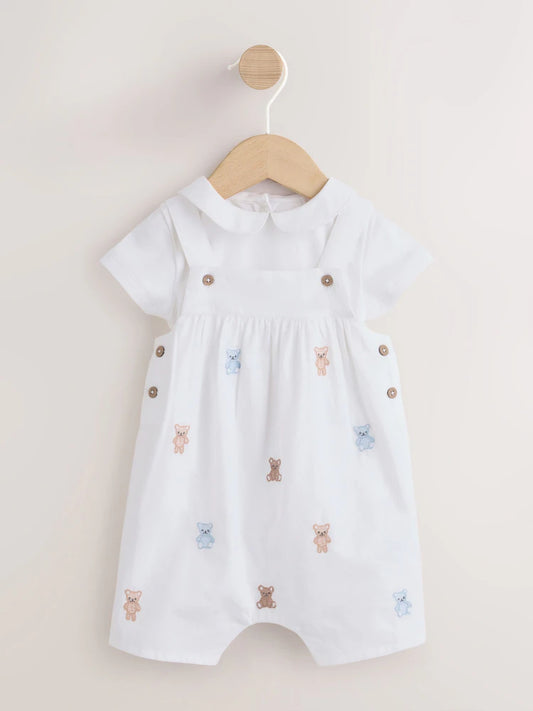 |BabyGirl| Conjunto De Jardineira e Body De Tecido Branco Bordado Com Urso (0 meses a 3 anos)