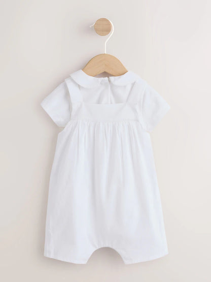 |BabyGirl| Conjunto De Jardineira e Body De Tecido Branco Bordado Com Urso (0 meses a 3 anos)