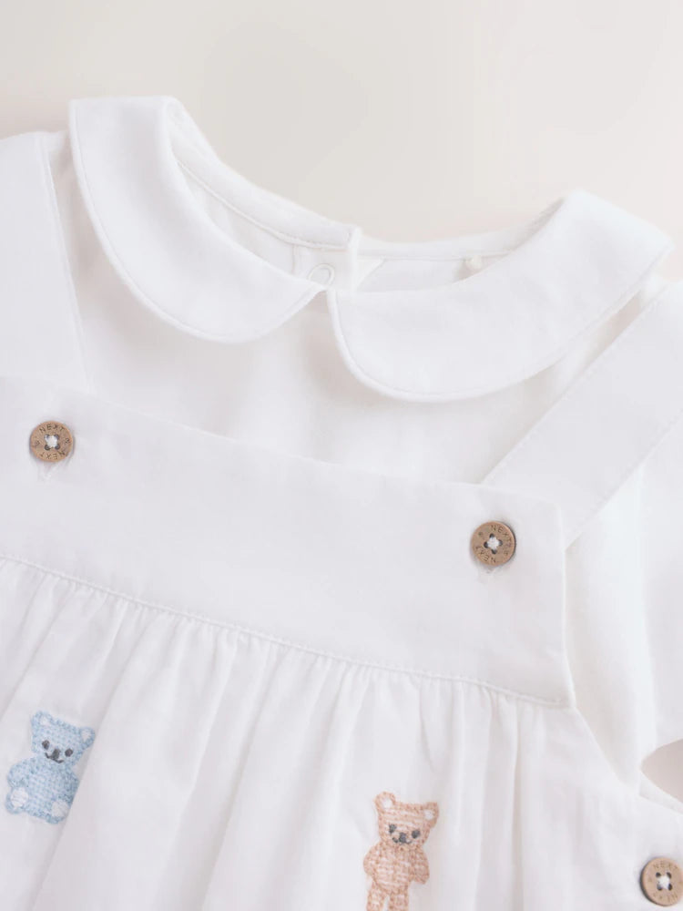 |BabyGirl| Conjunto De Jardineira e Body De Tecido Branco Bordado Com Urso (0 meses a 3 anos)