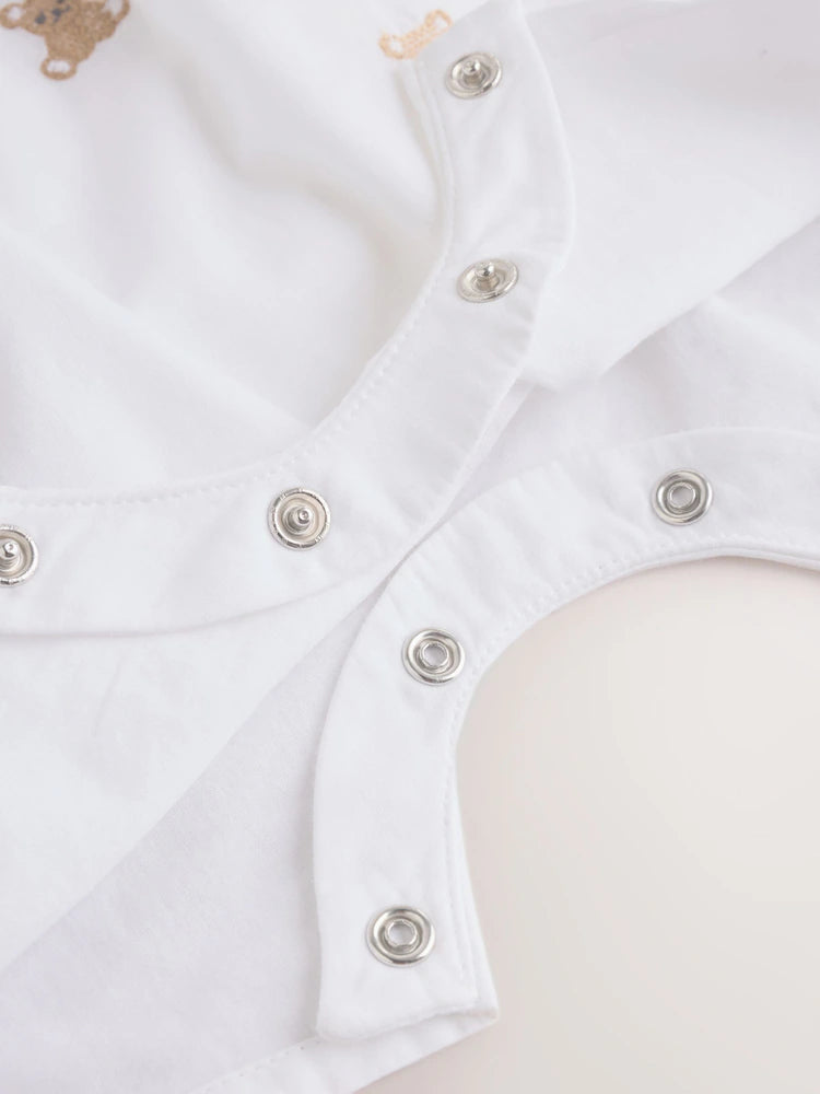 |BabyGirl| Conjunto De Jardineira e Body De Tecido Branco Bordado Com Urso (0 meses a 3 anos)