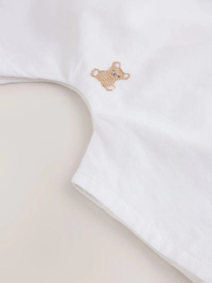 |BabyGirl| Conjunto De Jardineira e Body De Tecido Branco Bordado Com Urso (0 meses a 3 anos)