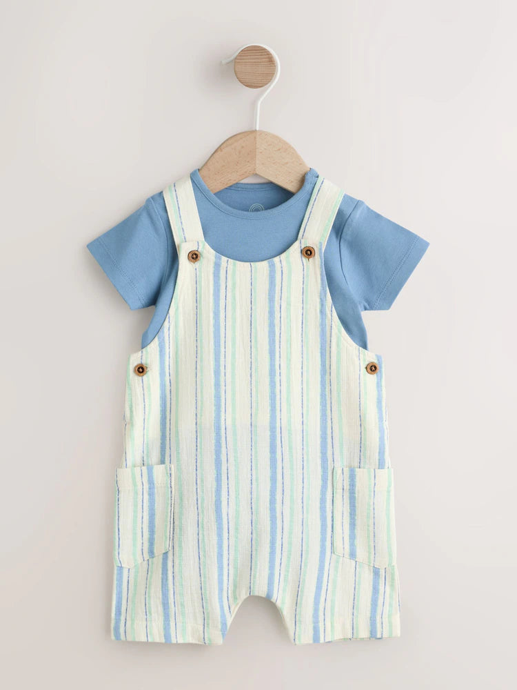 |BabyBoy| Conjunto De Jardineira e Body Listrados Azuis (0 meses a 2 anos)