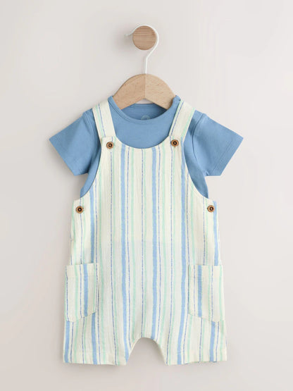|BabyBoy| Conjunto De Jardineira e Body Listrados Azuis (0 meses a 2 anos)