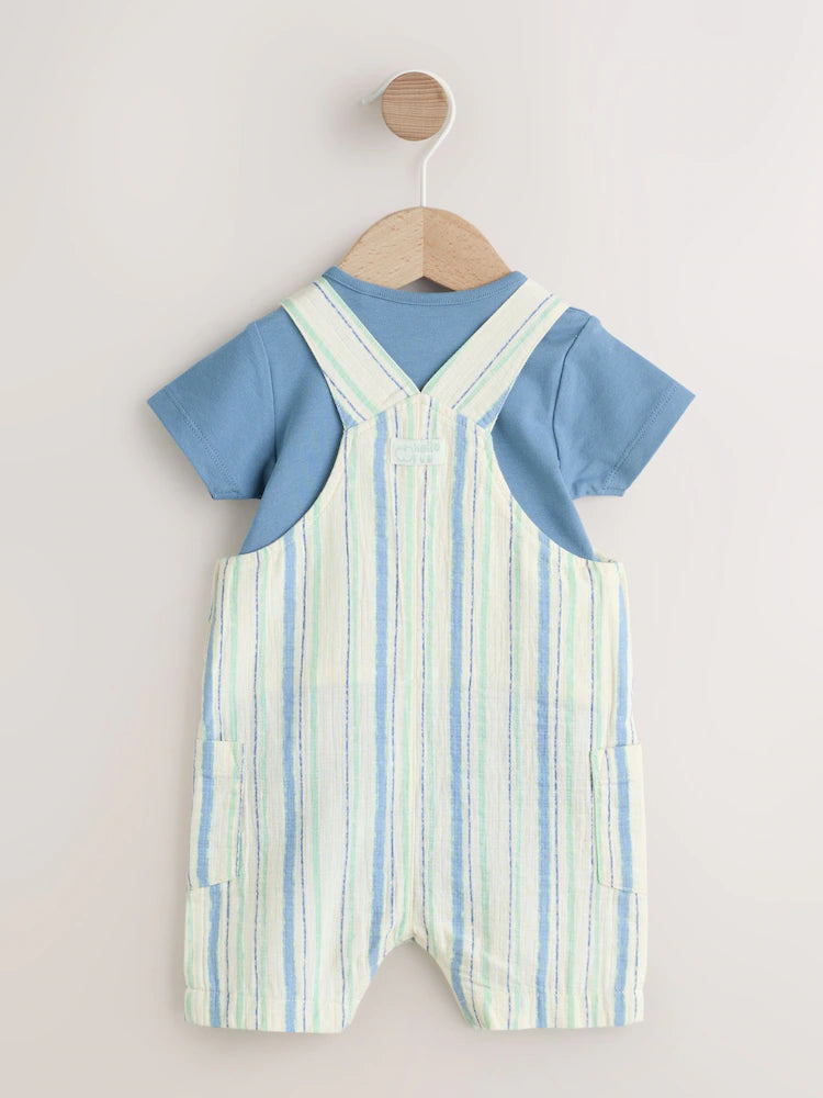 |BabyBoy| Conjunto De Jardineira e Body Listrados Azuis (0 meses a 2 anos)