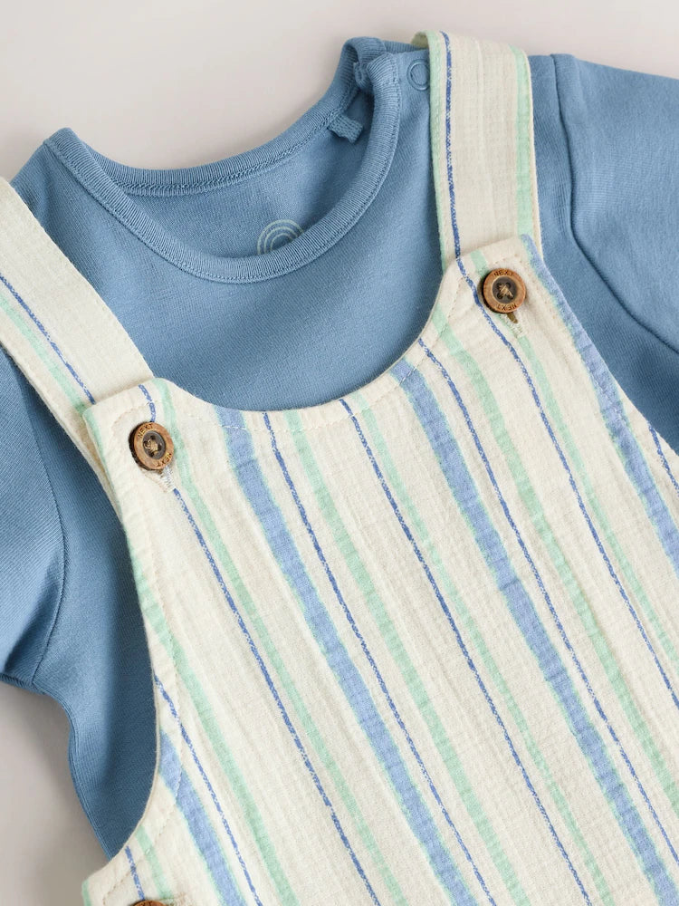 |BabyBoy| Conjunto De Jardineira e Body Listrados Azuis (0 meses a 2 anos)