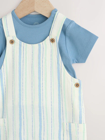 |BabyBoy| Conjunto De Jardineira e Body Listrados Azuis (0 meses a 2 anos)