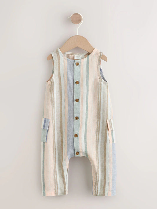 |BabyGirl| Macacão Infantil Listrado Azul Em Tecido Plano (0 meses a 2 anos)