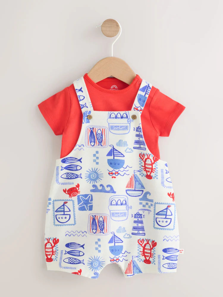 |BabyBoy| Conjunto de Jardineira de Malha e Body para Bebê – Estilo Náutico Vermelho (0 meses a 2 anos)