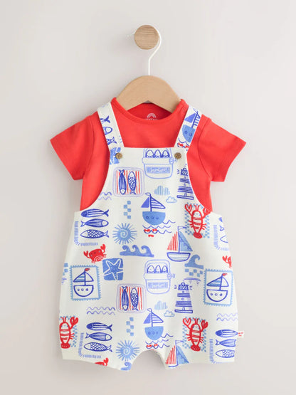 |BabyBoy| Conjunto de Jardineira de Malha e Body para Bebê – Estilo Náutico Vermelho (0 meses a 2 anos)