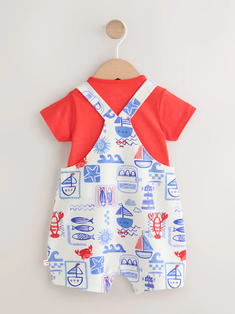 |BabyBoy| Conjunto de Jardineira de Malha e Body para Bebê – Estilo Náutico Vermelho (0 meses a 2 anos)