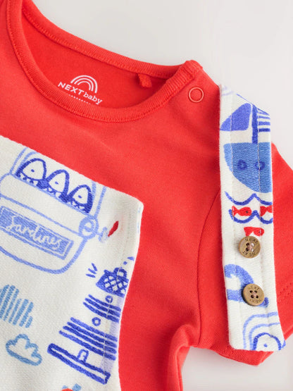|BabyBoy| Conjunto de Jardineira de Malha e Body para Bebê – Estilo Náutico Vermelho (0 meses a 2 anos)