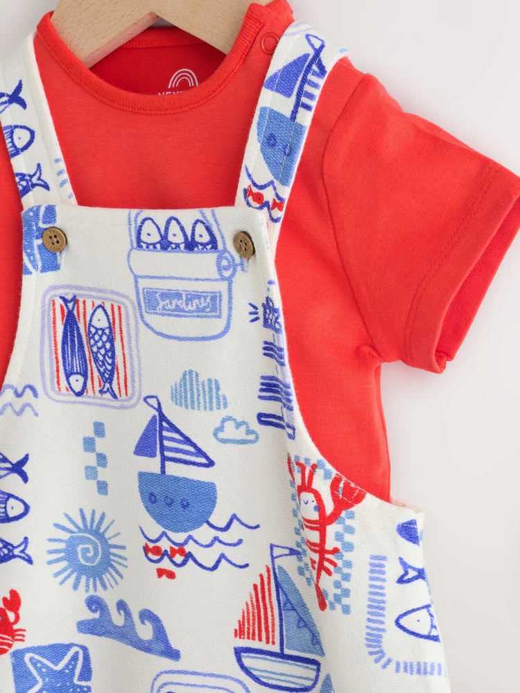 |BabyBoy| Conjunto de Jardineira de Malha e Body para Bebê – Estilo Náutico Vermelho (0 meses a 2 anos)