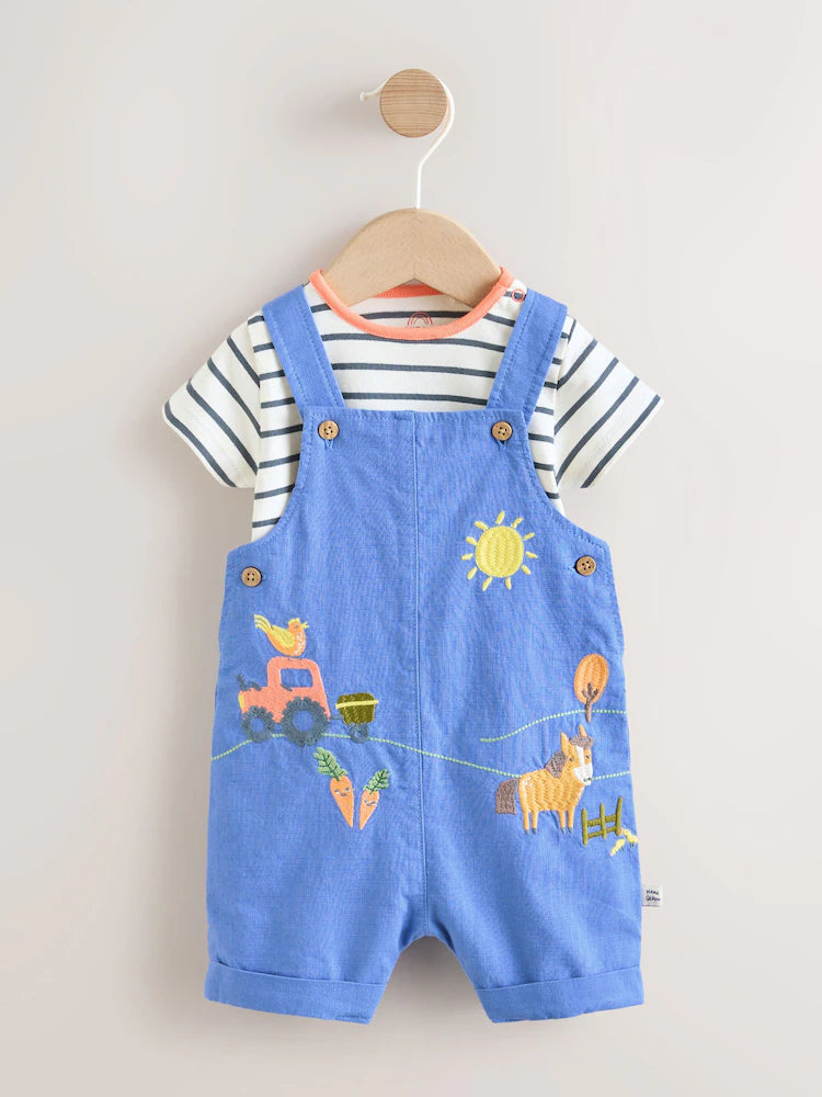 |BabyGirl| Conjunto De Bebê Com Jardineira e Body Estampa de Fazenda Azul (0 meses a 2 anos)