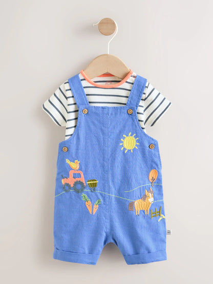 |BabyGirl| Conjunto De Bebê Com Jardineira e Body Estampa de Fazenda Azul (0 meses a 2 anos)