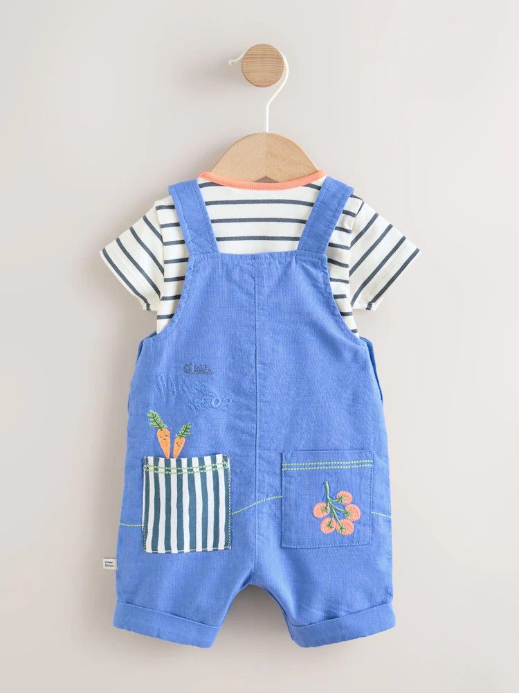 |BabyGirl| Conjunto De Bebê Com Jardineira e Body Estampa de Fazenda Azul (0 meses a 2 anos)