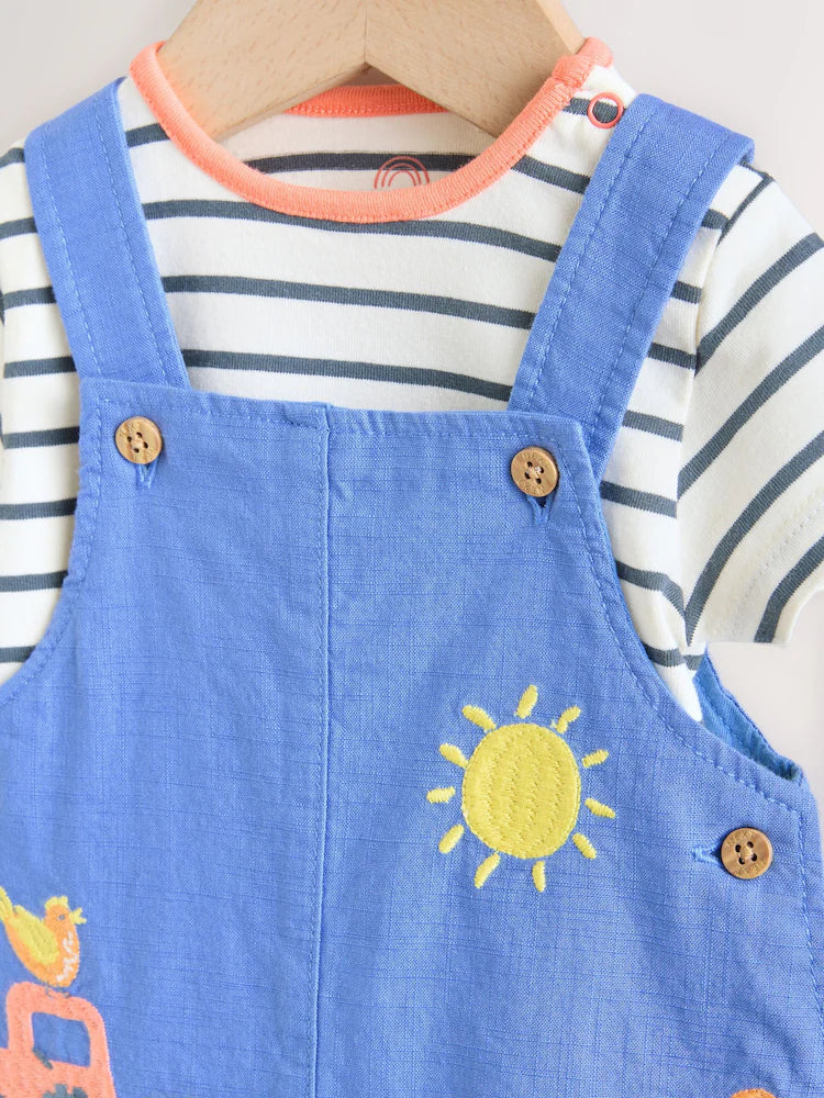 |BabyGirl| Conjunto De Bebê Com Jardineira e Body Estampa de Fazenda Azul (0 meses a 2 anos)