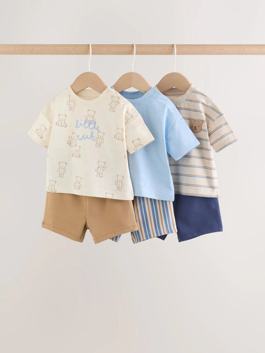 |BabyBoy| Conjunto De Bebê Com Estampa De Ursinhos Azuis, Composto Por Blusa e Shorts, 6 peças (0 meses a 3 anos)