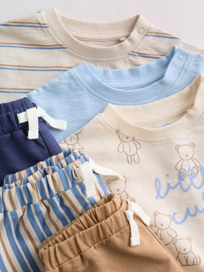 |BabyBoy| Conjunto De Bebê Com Estampa De Ursinhos Azuis, Composto Por Blusa e Shorts, 6 peças (0 meses a 3 anos)