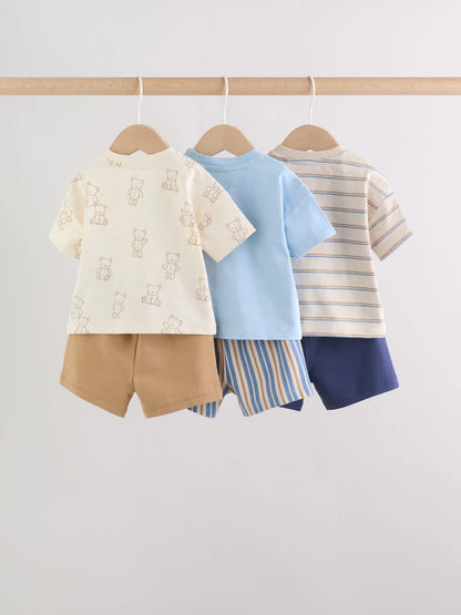 |BabyBoy| Conjunto De Bebê Com Estampa De Ursinhos Azuis, Composto Por Blusa e Shorts, 6 peças (0 meses a 3 anos)