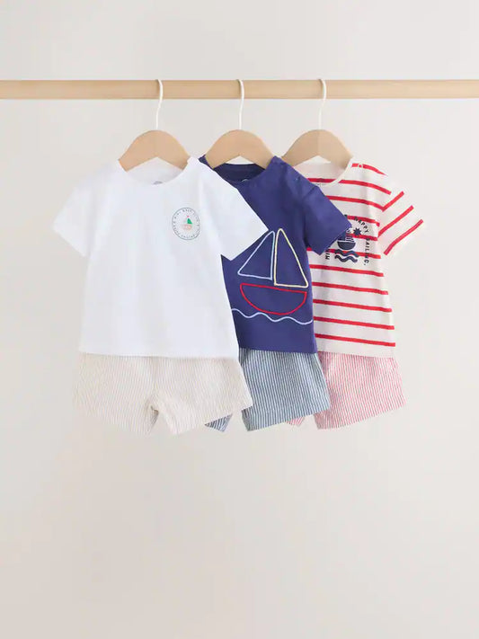 |BabyBoy| Conjunto De Bebê Azul Com Estampa Náutica, Composto Por Blusa e Shorts, 6 Peças (0 meses a 3 anos)