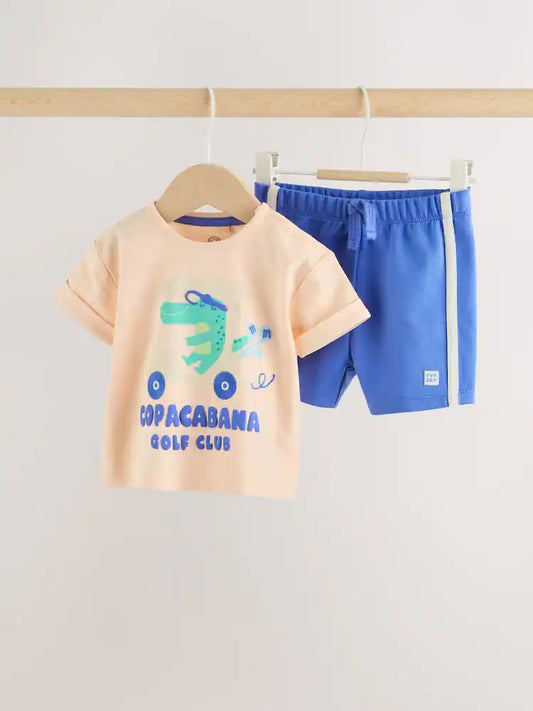 |BabyBoy| Conjunto Infantil De Top e Shorts Com Estampa De Crocodilo Laranja (0 meses a 2 anos)