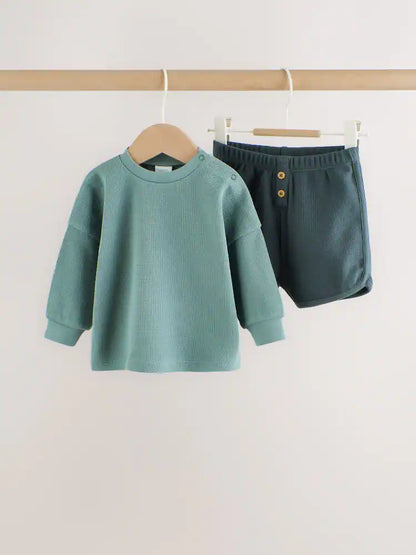 |BabyBoy| Conjunto Infantil Verde Com Blusa De Manga Comprida e Shorts (0 meses a 2 anos)