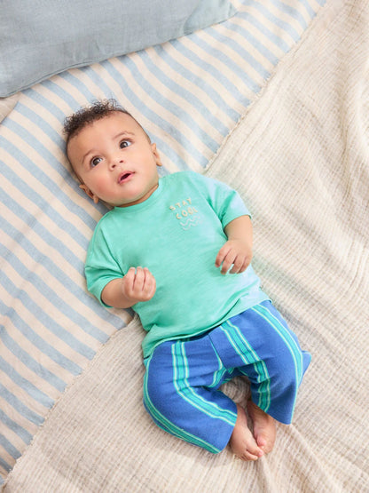 |BabyBoy| Conjunto De Blusa e Calça Listradas Em Verde e Azul Para Bebês (0 meses a 2 anos)