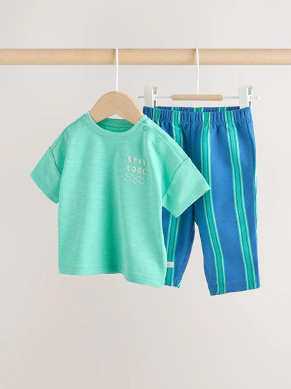 |BabyBoy| Conjunto De Blusa e Calça Listradas Em Verde e Azul Para Bebês (0 meses a 2 anos)