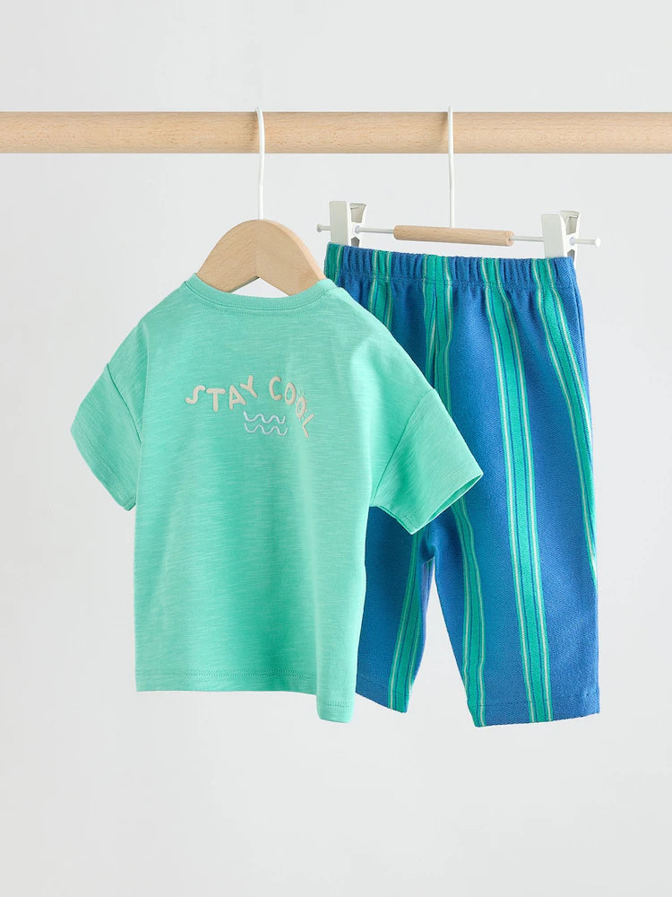 |BabyBoy| Conjunto De Blusa e Calça Listradas Em Verde e Azul Para Bebês (0 meses a 2 anos)