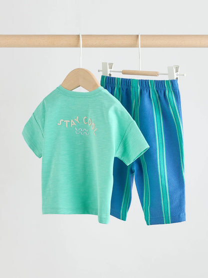 |BabyBoy| Conjunto De Blusa e Calça Listradas Em Verde e Azul Para Bebês (0 meses a 2 anos)