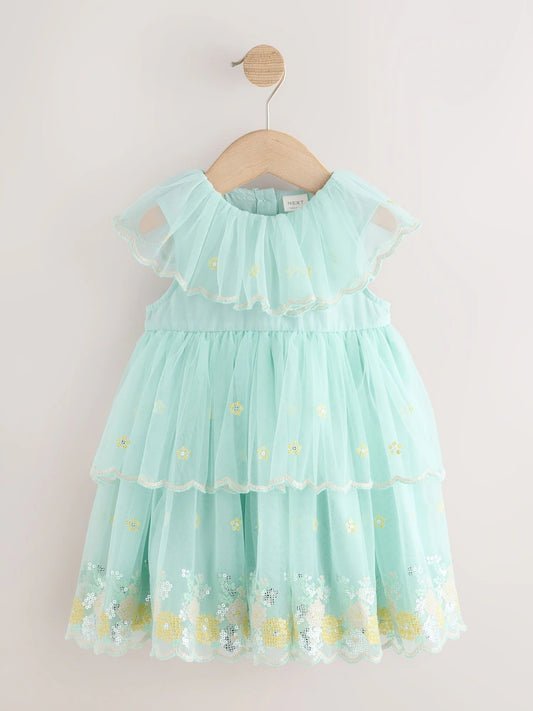 |Girl| Vestido Azul De Tule Bordado (3 meses a 7 anos)