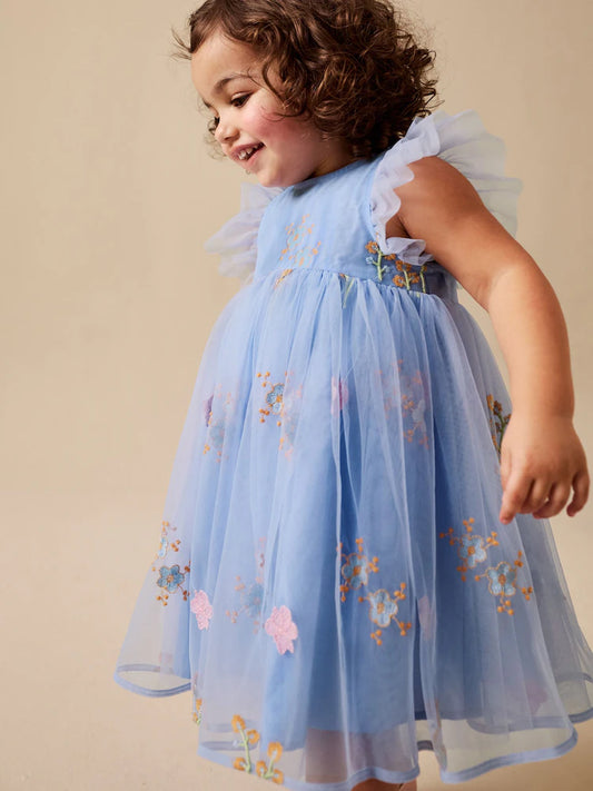 |Girl| Vestido de Tule Azul com Bordado (3 meses a 7 anos)