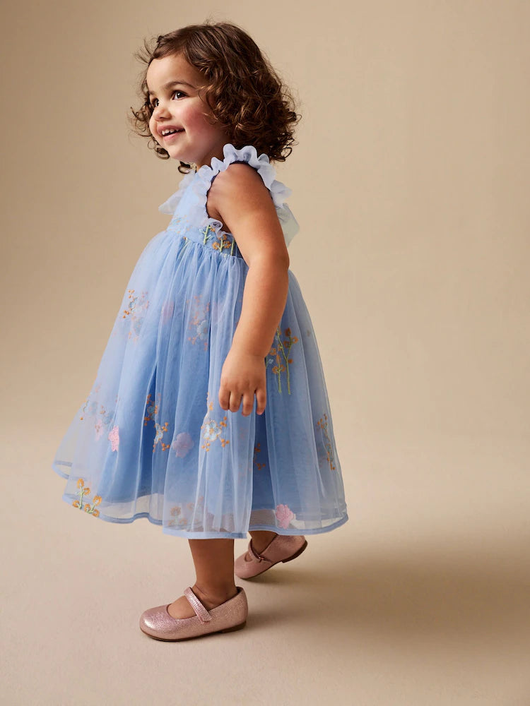|Girl| Vestido de Tule Azul com Bordado (3 meses a 7 anos)