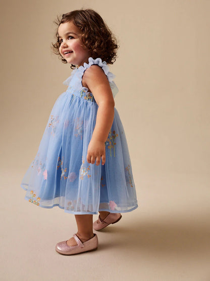 |Girl| Vestido de Tule Azul com Bordado (3 meses a 7 anos)
