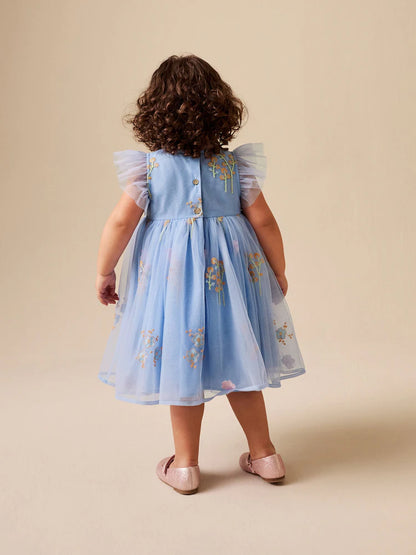 |Girl| Vestido de Tule Azul com Bordado (3 meses a 7 anos)