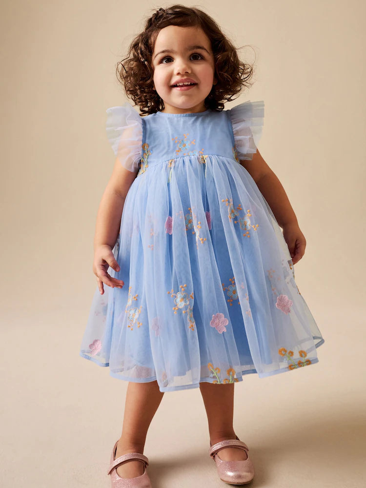 |Girl| Vestido de Tule Azul com Bordado (3 meses a 7 anos)