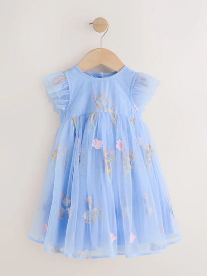 |Girl| Vestido de Tule Azul com Bordado (3 meses a 7 anos)