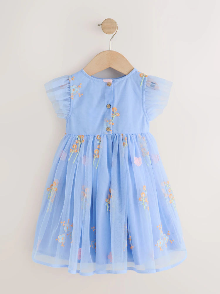 |Girl| Vestido de Tule Azul com Bordado (3 meses a 7 anos)