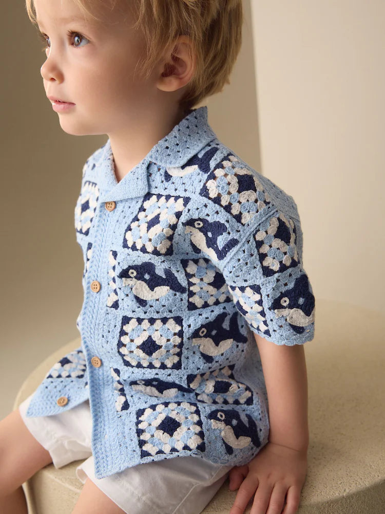 |Boy| Camiseta De Manga Curta Em Crochê Com Estampa De Tubarão Azul (12 meses a 10 anos)