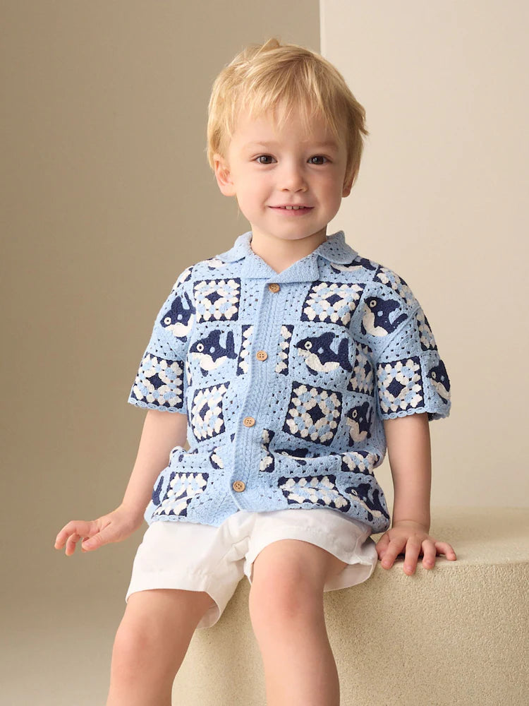 |Boy| Camiseta De Manga Curta Em Crochê Com Estampa De Tubarão Azul (12 meses a 10 anos)