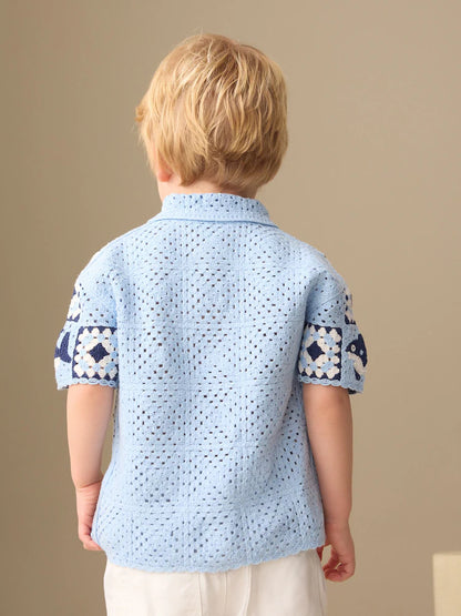 |Boy| Camiseta De Manga Curta Em Crochê Com Estampa De Tubarão Azul (12 meses a 10 anos)